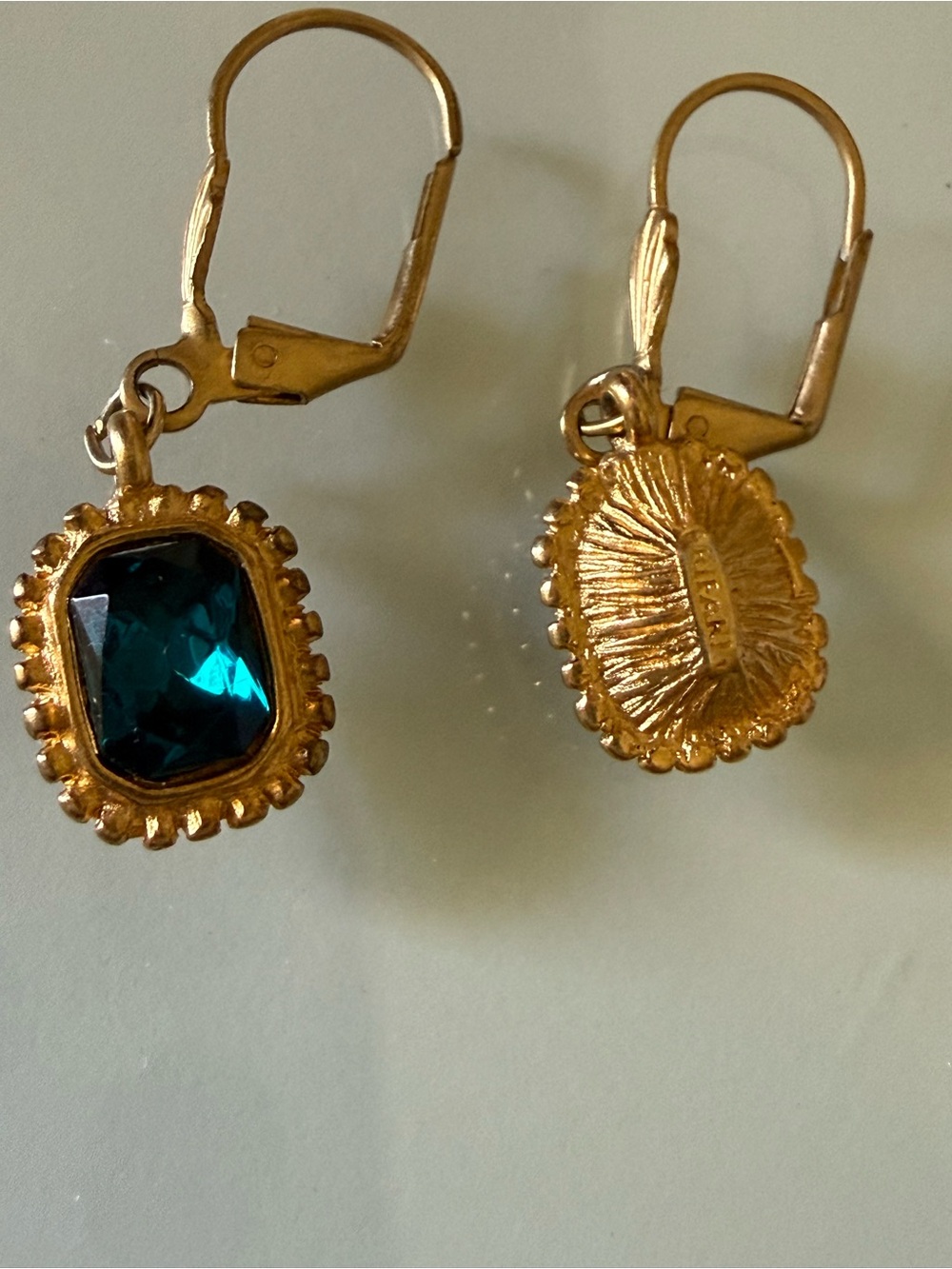 Trifari vintage 70-80 s Gold Drop Earrings with Teal Blue Gemstone - Picture 2 of 11